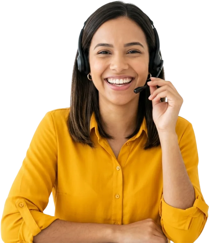 Atendente da Veizar sorrindo, com headset, pronta para atender