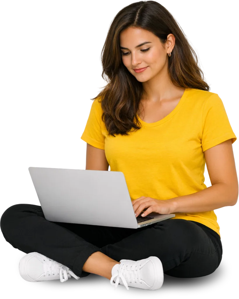 Mulher sentada usando o sistema Veizar em um notebook